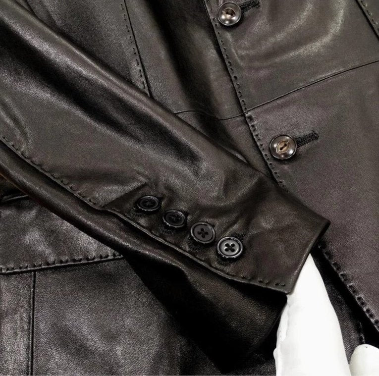 Mens Henley Front Button Black Leather Blazer