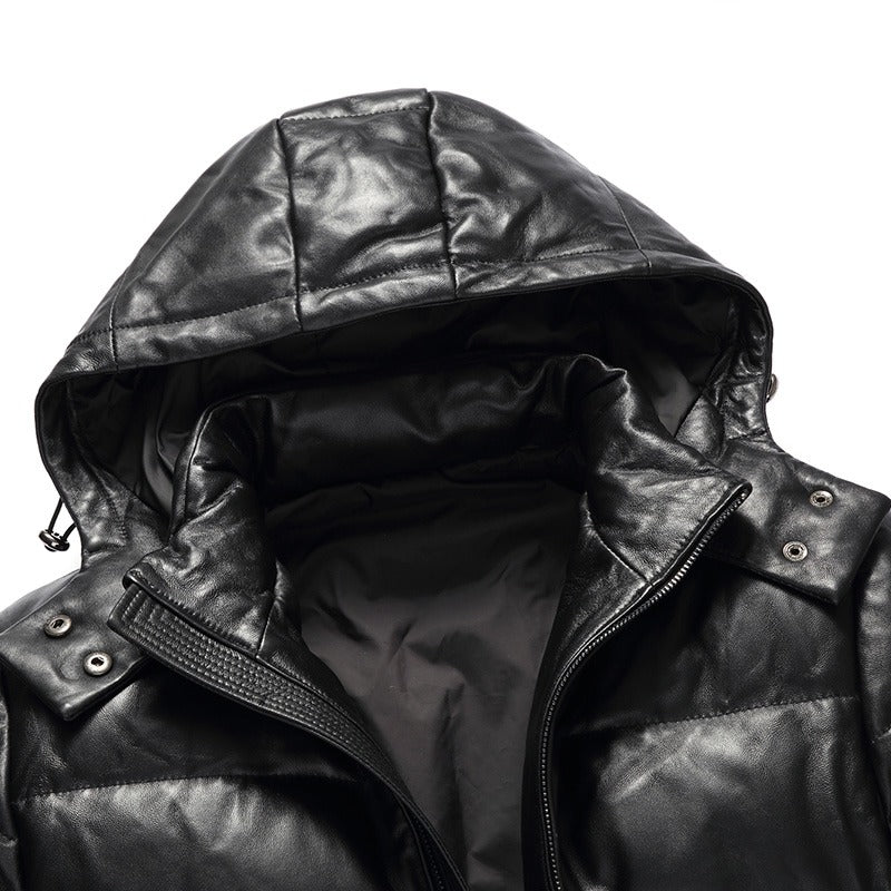 Mens Walker Genuine Hooded Lambskin Leather Puffer Jacket